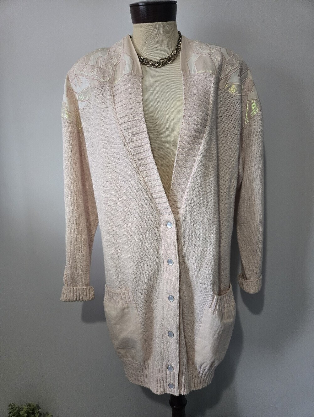 MERCEDES + ADRIENNE Vintahe 80s Light Pink Button-Front Cardigan Sweater